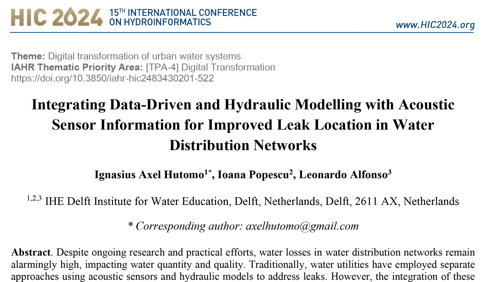 ntegrating Data-Driven and Hydraulic Modelling with Acoustic Sensor Information for Improved Leak Location in Water Distribution System  - A collaboration with NAIADES Project and Harmoni